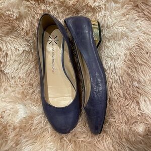 Isaac Mizrahi Live | Janna Blue Leather Ballet Flat Gold Heel Size 8.5